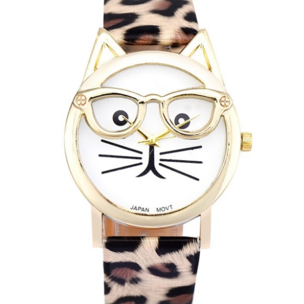 Hipster Cat Watch with Glasses & Leopard Band - Picture 2 of 3